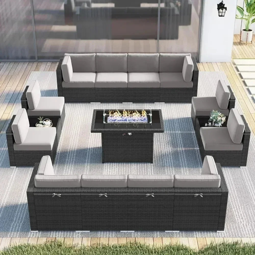 15 Piece Patio Furniture Set ,with Fire Pit Table, Outdoor Conversation Set Wicker Rattan Sectional  with Coffee Table