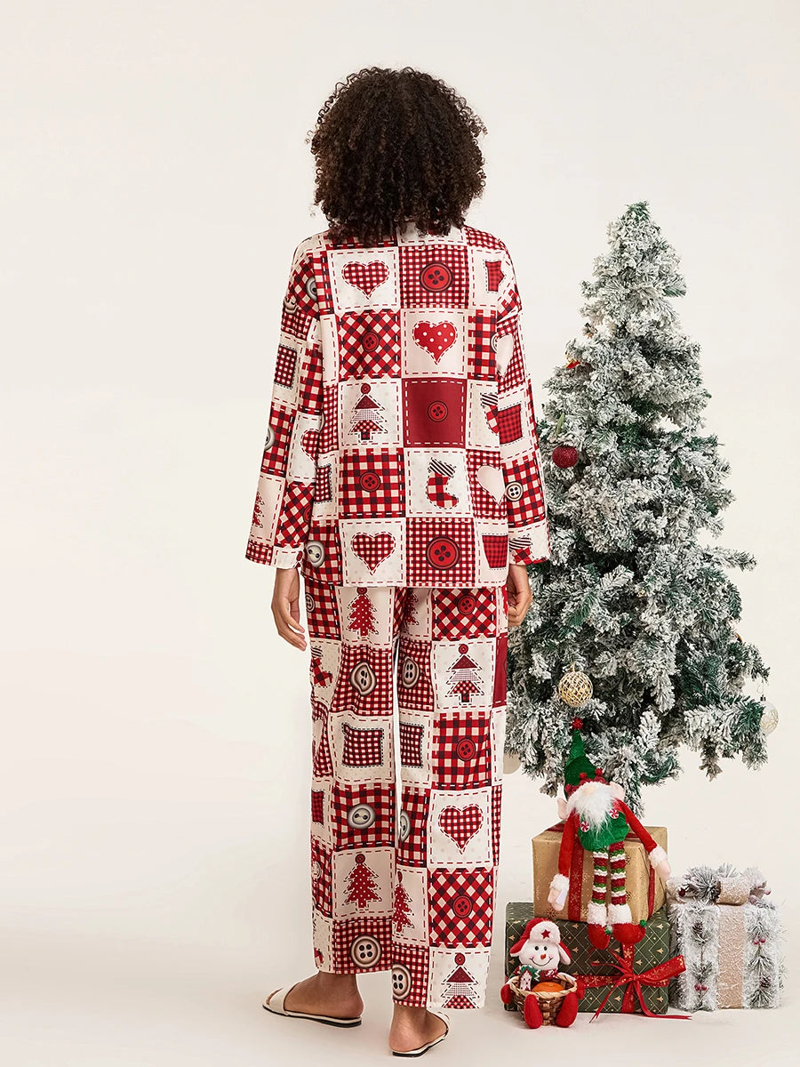 New Women 2 Piece Pajamas Set Christmas Print Long Sleeves Button Shirt And Elastic Pants For Loungewear Soft Sleepwear S-XL