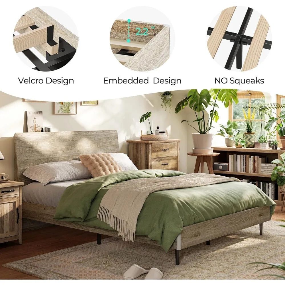 Wood Bed Frame with Ergonomic Headboard, RGB Lights, Outlets & Charger, Storage Shelf, Noise-Free, No Box Spring Needed