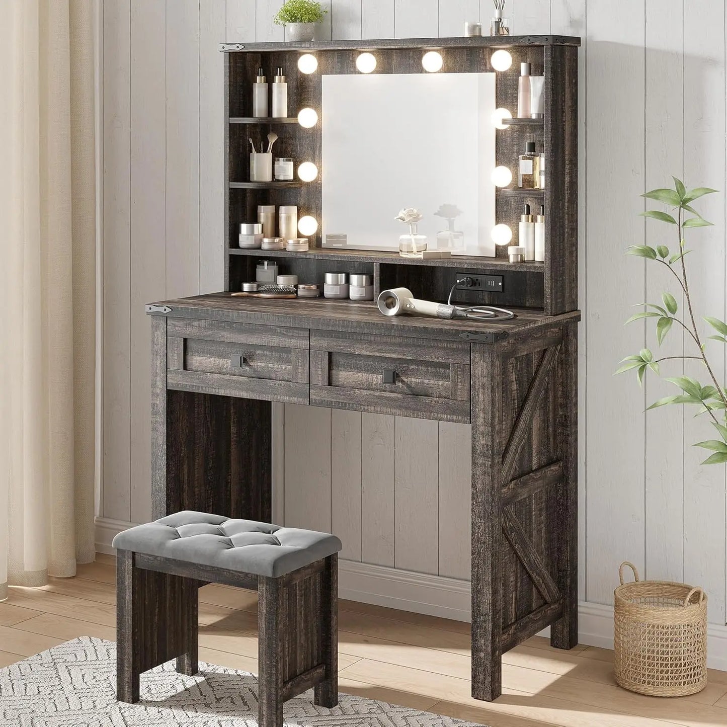 Vanity Desk with Mirror and Lights 31.5" W Farmhouse Makeup Vanity Desk with Charging Station, Stool Not Included, Vanity Table