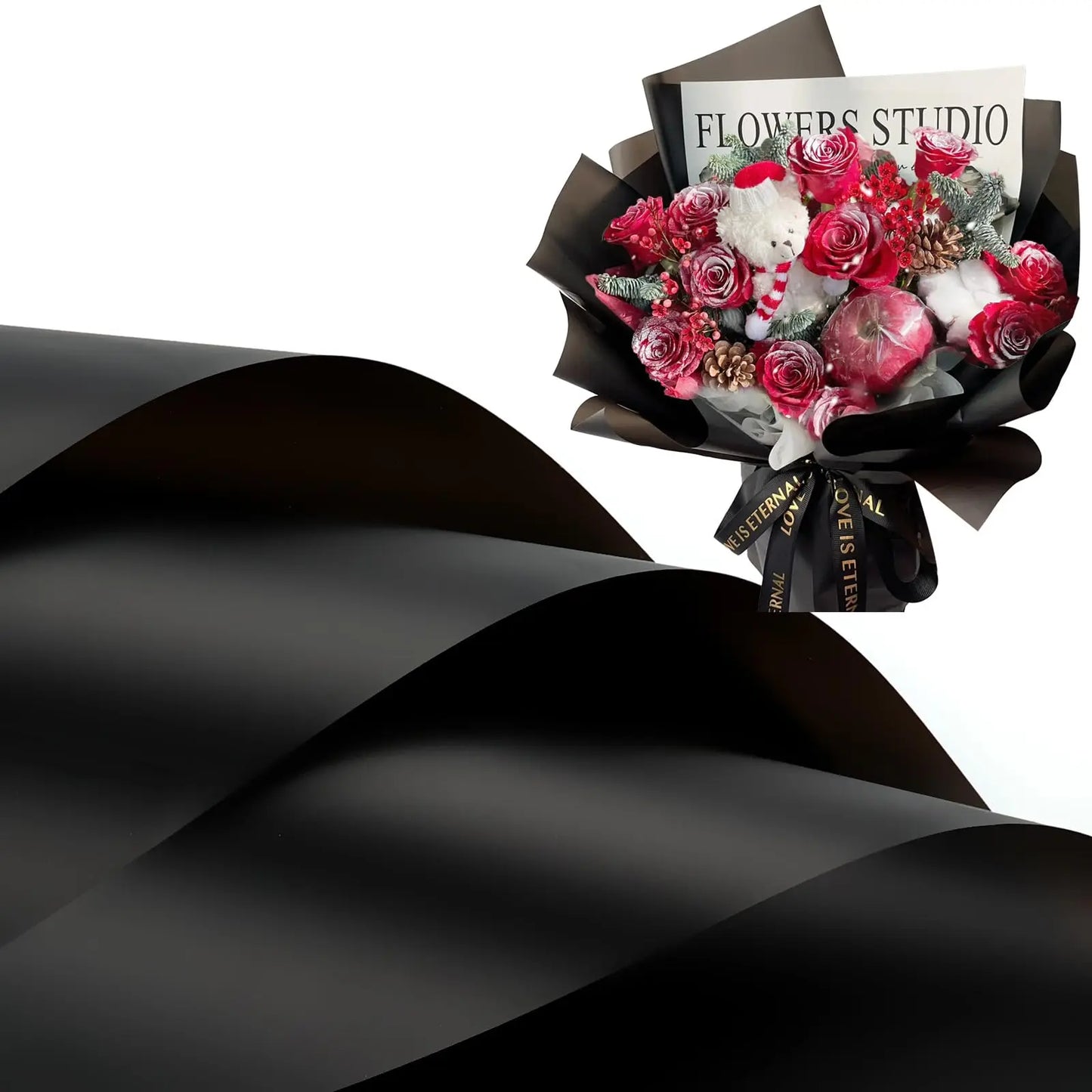 20 Sheets Matte Black Flower Wrapping Paper with Golden Edges, Waterproof Packaging - Perfect for DIY Wedding & Birthday Gifts