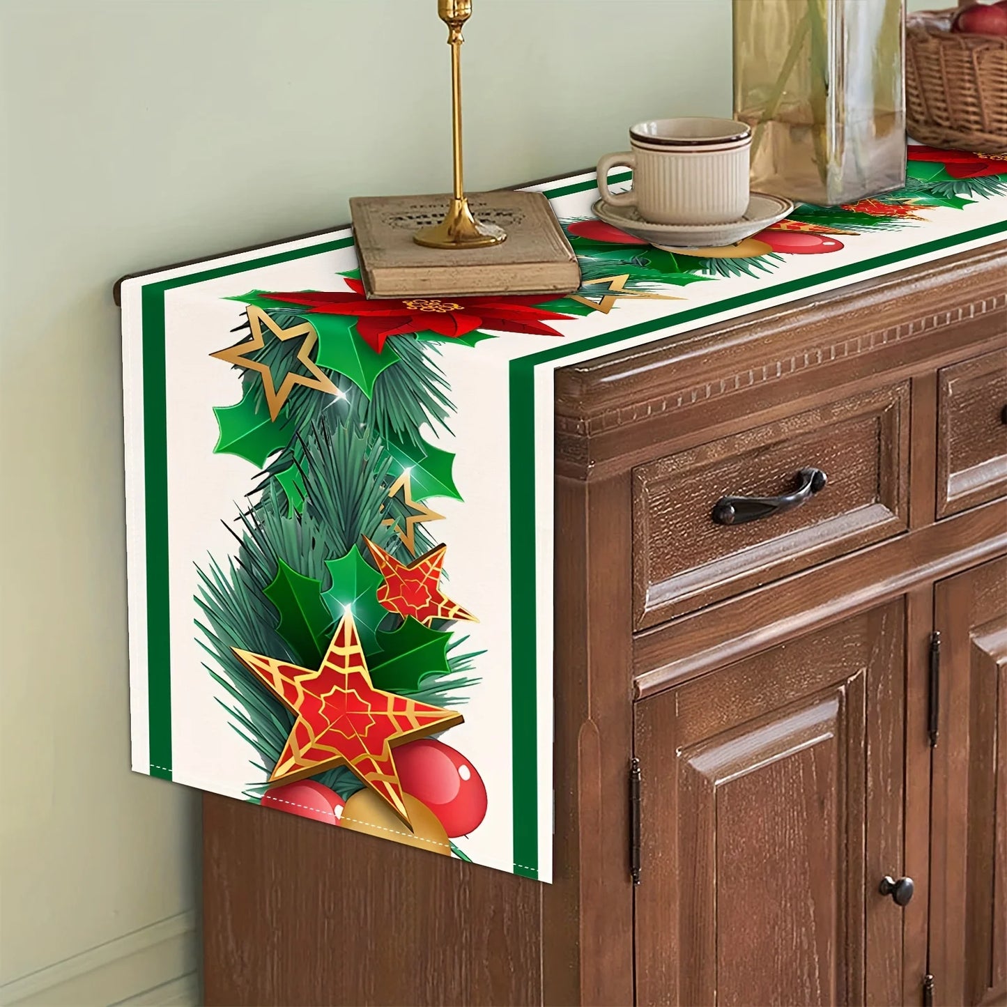 Merry Christmas Poinsettia Pine Linen Table Runner Dresser Scarf Winter Xmas Holiday Kitchen Party Decor Navidad Decoration 2025