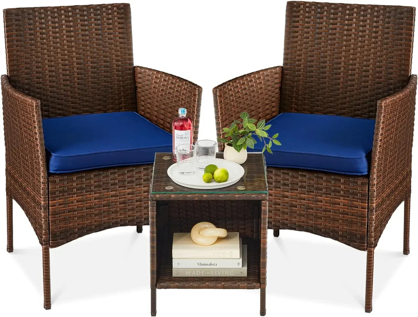 3-Piece Outdoor Wicker Conversation Bistro Set, Space Saving Patio Furniture for Yard, 2 Chairs, 2 Cushions, Side Storage Table