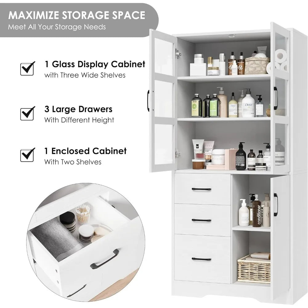 Tall Bathroom Storage Cabinet with Glass Display Doors and Shelves, 67” Modern Tall Cabinet with 3 Drawers,