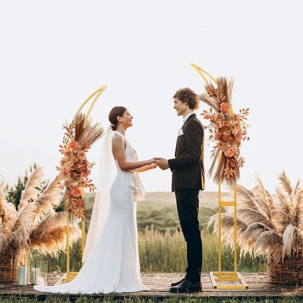 Set of 2 Curved Large Gold Metal Wedding Arch Backdrop Stand for Ceremony and Party, Balloon Arch Stand for Event Decoration