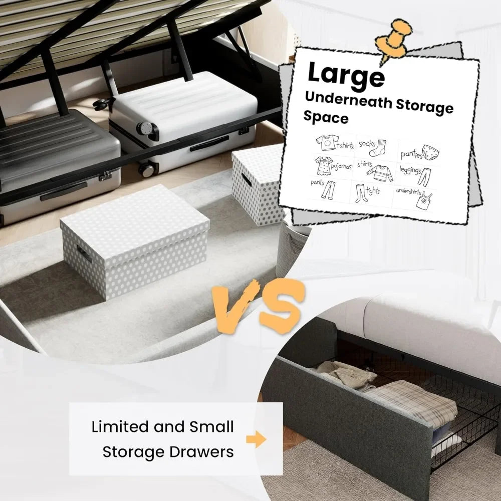 King Size Lift Up Storage Bed/Modern Wingback Headboard/Upholstered Platform Bed Frame/Hydraulic Storage/No Box Spring Needed