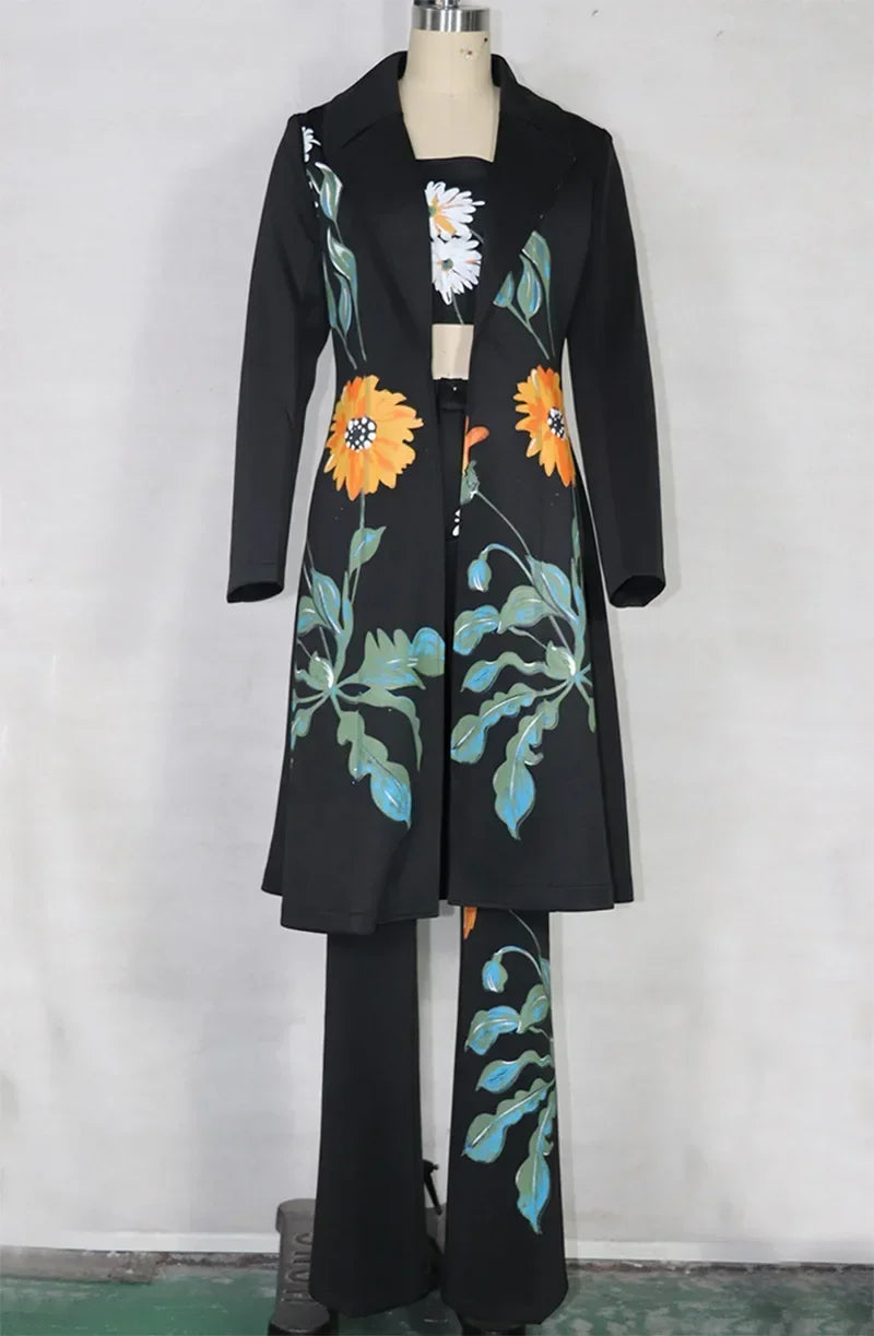 3 Pieces Sets Women Outfit Autumn Clothes Women 2024 Floral Print Long Trench Coat Tube Vest and Pants Sets Fashion Woman Sets