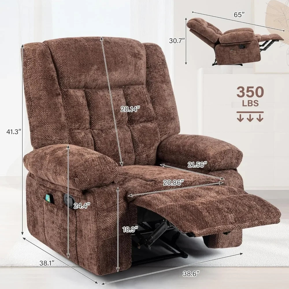 Recliner Chair for Adults with Massage and Heat, Breathable Fabric Reclining Chair with Side Pockets,  Brown,Living Room Chairs