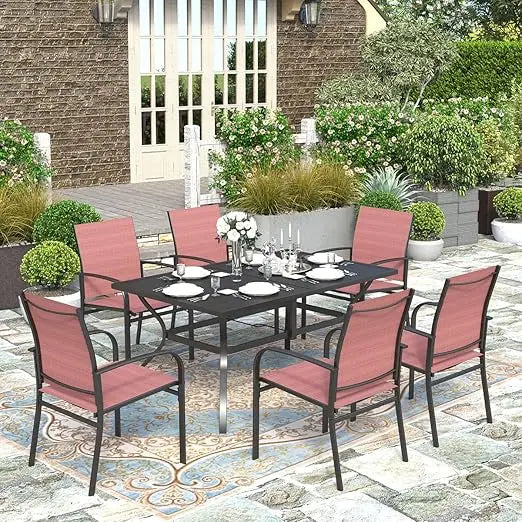 7 PCS Patio Dining Set, Outdoor Table Chairs, Large Table with Double Umbrella Hole for Backyard, Patio Table and Chairs Set