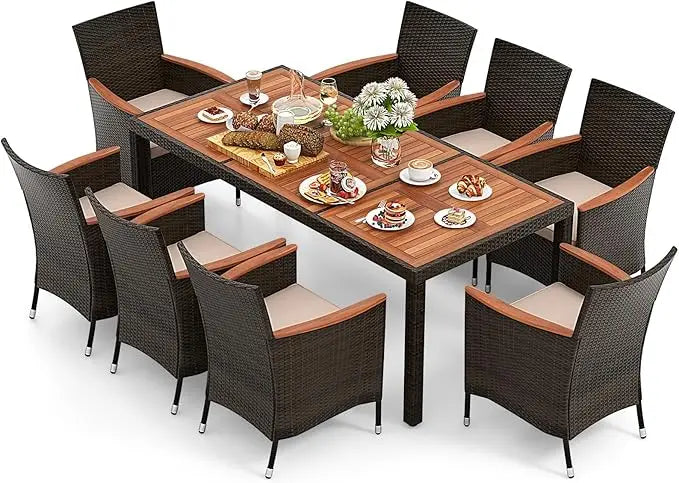 7 Pieces Outdoor Wicker Dining Set, Patio Dining Set with Acacia Wood Table and 6 Stackable Chairs, Outdoor Table and Chairs Set