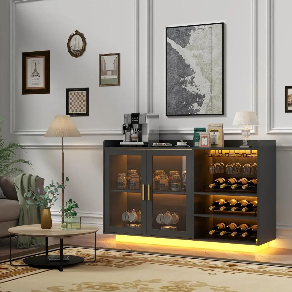 Wine Bar Cabinet with LED Lights, with Glass Rack and Removable Wine Racks, Modern Buffet Sideboard with Storage Shelves