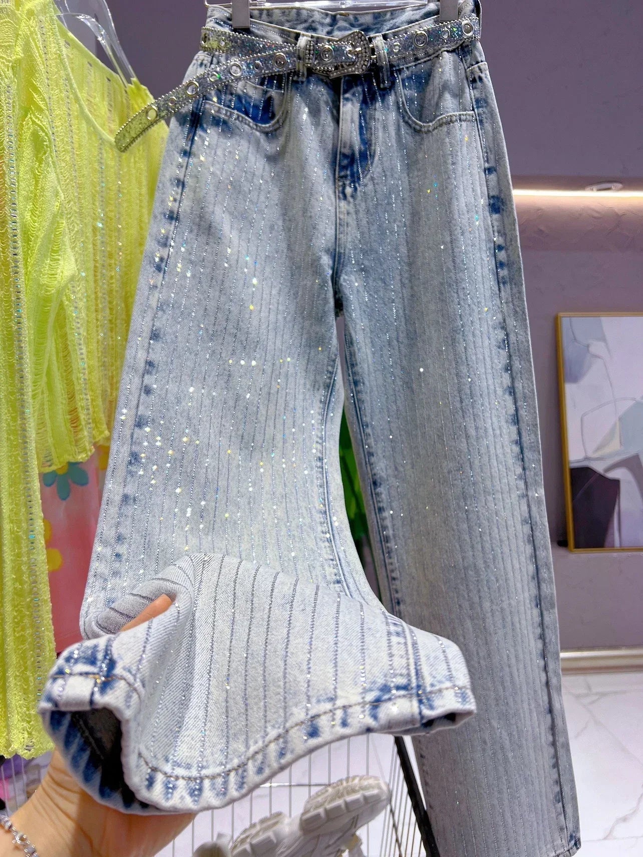 2025 Full Body Vertical Diamond Blue Jeans Women Heavy Industry Shiny Retro Straight Baggy Pants New Autumn Long Trousers