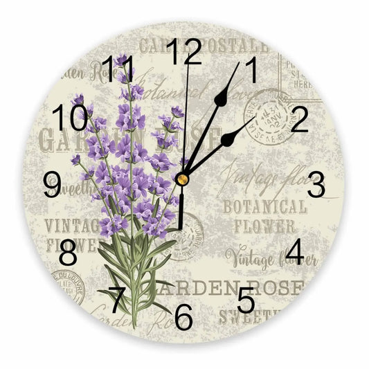 Purple Lavender Flower Vintage Decorative Round Wall Clock Custom Design Non Ticking Silent Bedrooms Large Wall Clock