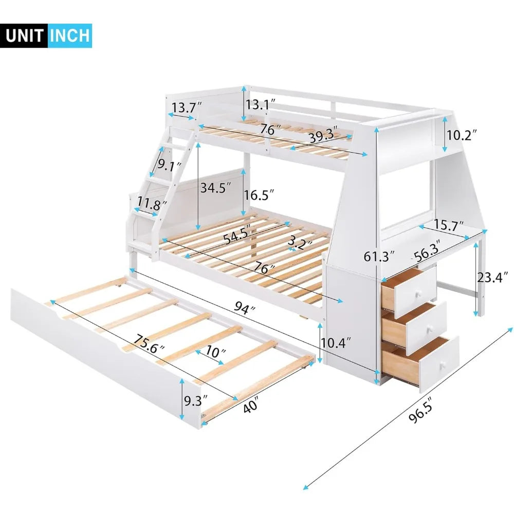 Bunk Beds ,with Trundle and Desk with Three Storage Drawers and One Shelf for Kids Boys Girls Teens, Wood Bunk Bed Frame