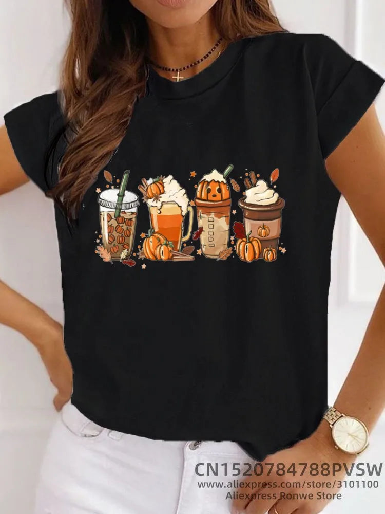 Women Halloween Pumpkin Coffee Latte Drink Cup Spice T-shirt Daily Girl Y2K Harajuku Tee Tops Female Sreewear Clothes