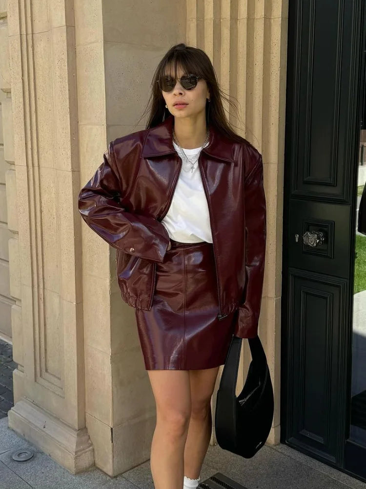 Chic Women Wine Red Leather Jacket Mini Skirt Suits Elegant Lapel Zipper Outwears Hip Wrapped Skirts 2 Piece Set Lady Outfits