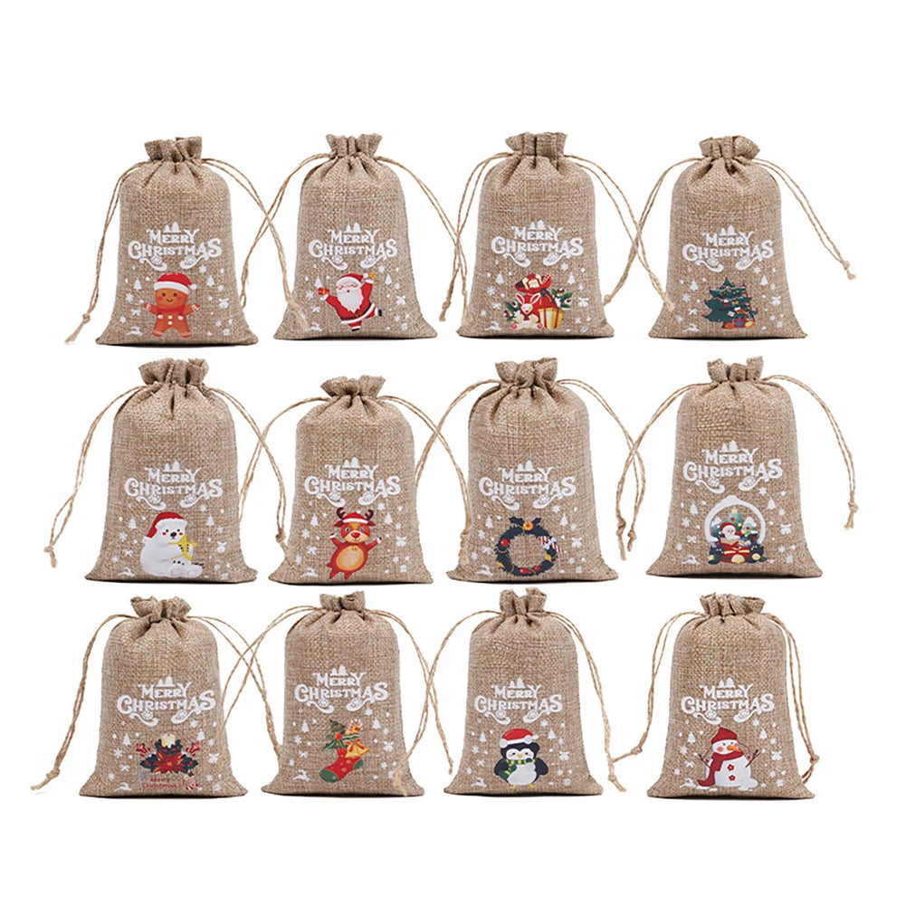 12Pcs Christmas Gift Velvet/linen Drawstring Bags Bracelet Jewelry Candy Packaging Bags