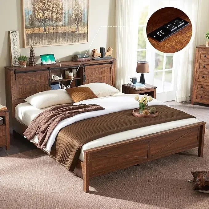 Farmhouse King Size Bed Frame w/Storage Bookcase Headboard,Charging Station,Rustic Wood Platform Bed w/Wood Slats Support