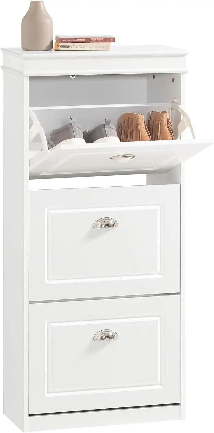 White Shoe Cabinet with 3 Flip Drawers, Freestanding Shoe Rack, Shoe Rack with Hidden Drawer(9.45" D x 20.87" W x 46" H)