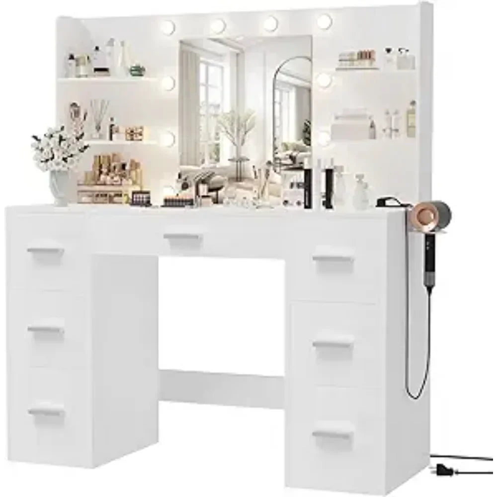 Vanity Desk with Mirror, LED Lights and Power Outlet Makeup Vanity Table with 7 Drawers and 6 Storage Shelves Dressing Table