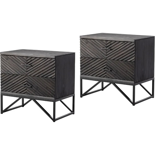 Set of 2 Modern 2-Drawer Nightstand, Contemporary Line Accent End Side Table with Black Metal Base, Distressed Black