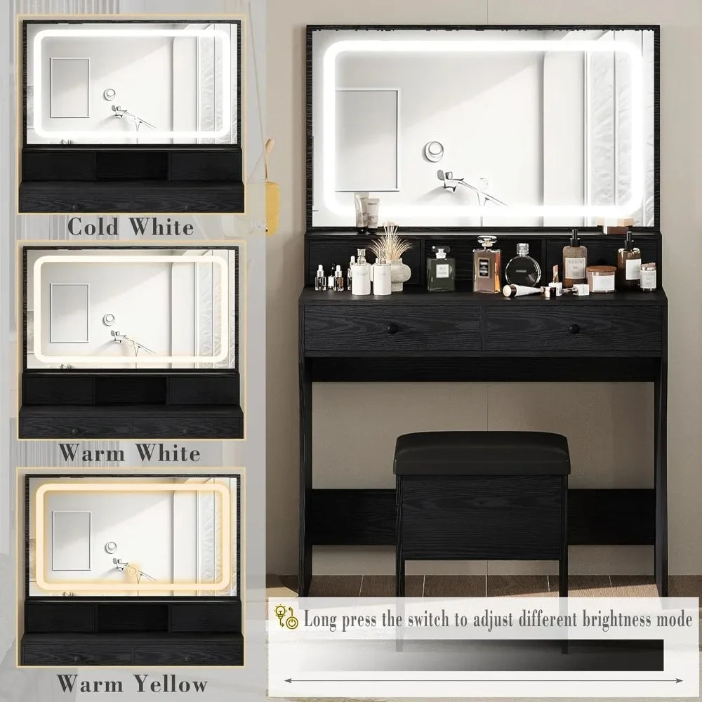 Vanity Desk Set with LED Lighted Mirror & Power Outlet, Makeup Vanity Table with 4 Drawers,Storage Bench,for Bedroom, Bathroom