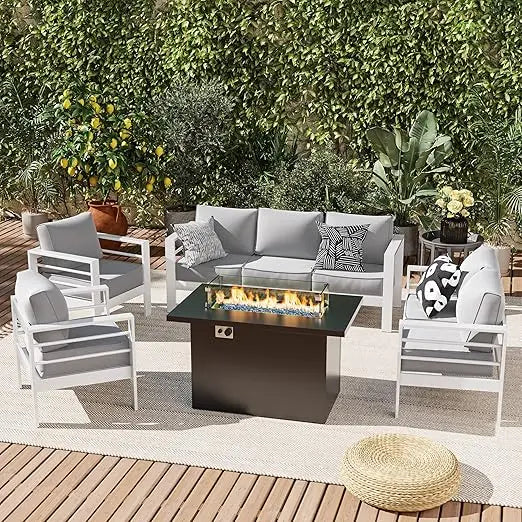 Patio Furniture Set, with Fire Pit, 7 Seats Modern Outdoor Furnitures with Thickness 5" Cushion, Outdoor Garden Furniture Sets