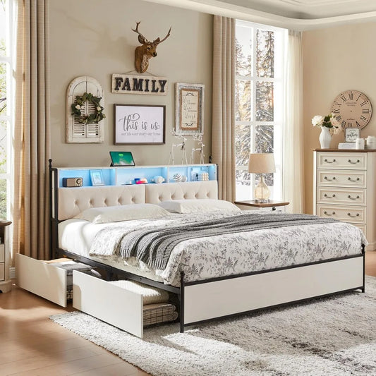 King Bed Frame with Storage Upholstered Headboard and 4 Drawers, Farmhouse Metal Platform Bed w/LED Lights & Charging Station