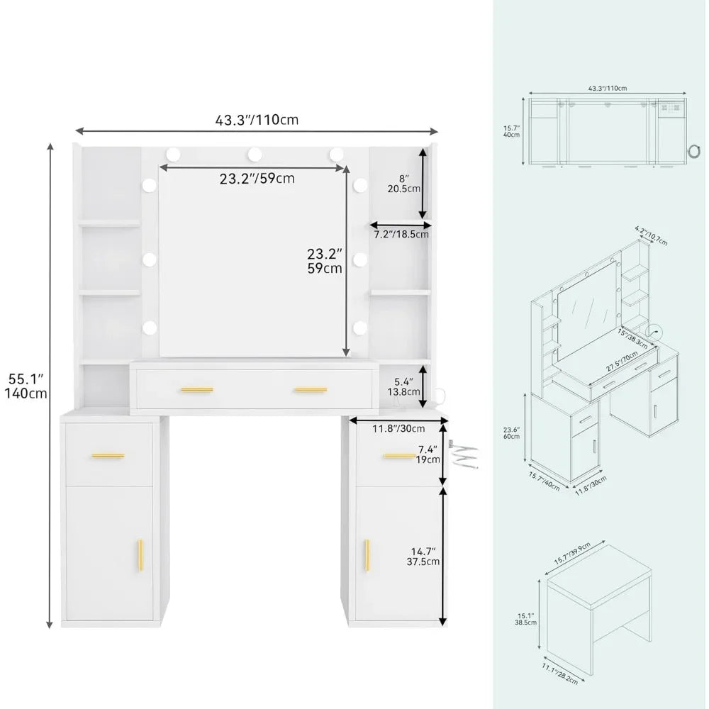 Vanity Desk with Mirror and Lights, Makeup Vanity Shelf and Drawers and 3 Lighting Adjustable, Bedroom Dressing Table, White