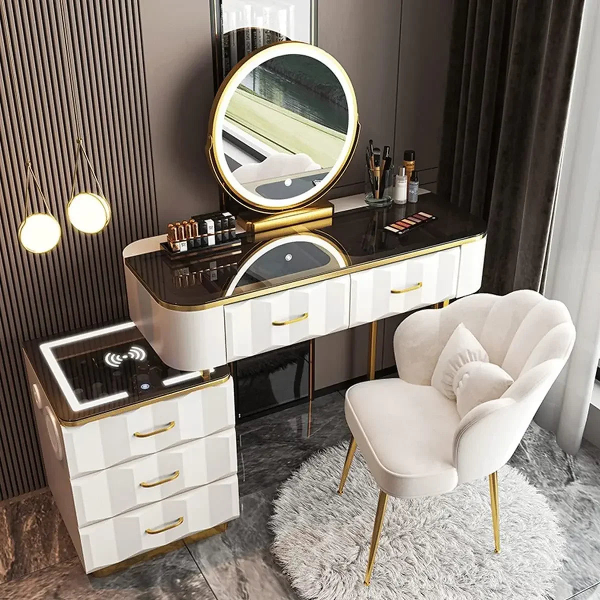 Vanity Desk with Mirror and Lights, Makeup Table with Drawers and Stool, Dressing Table with Charging Station, Vanity Desk