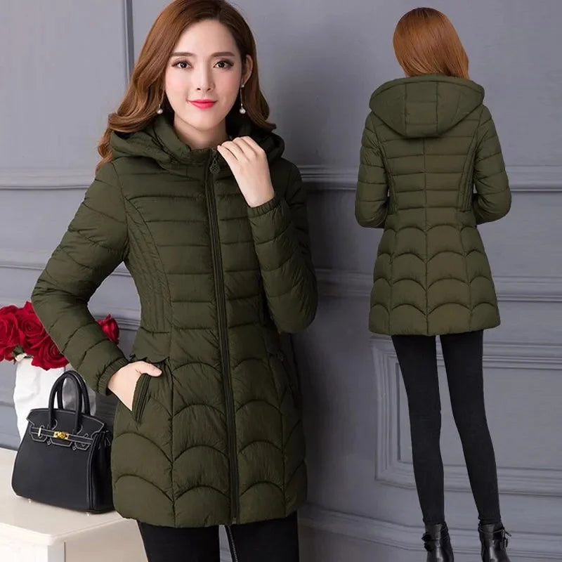 Winter Coat Women 2024 Fashion Middle Age Mother Slim Down Cotton Hooded Jacket Plus Size Casual Solid Warm Thick Outwear Parka