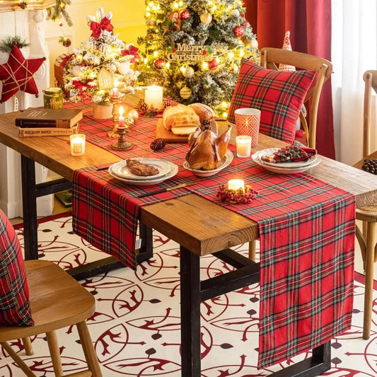 Christmas Table Runner Cotton Red Plaids Tablecloth Home Dinning Festival Scottish Plaids Table Cover Runners Decoration