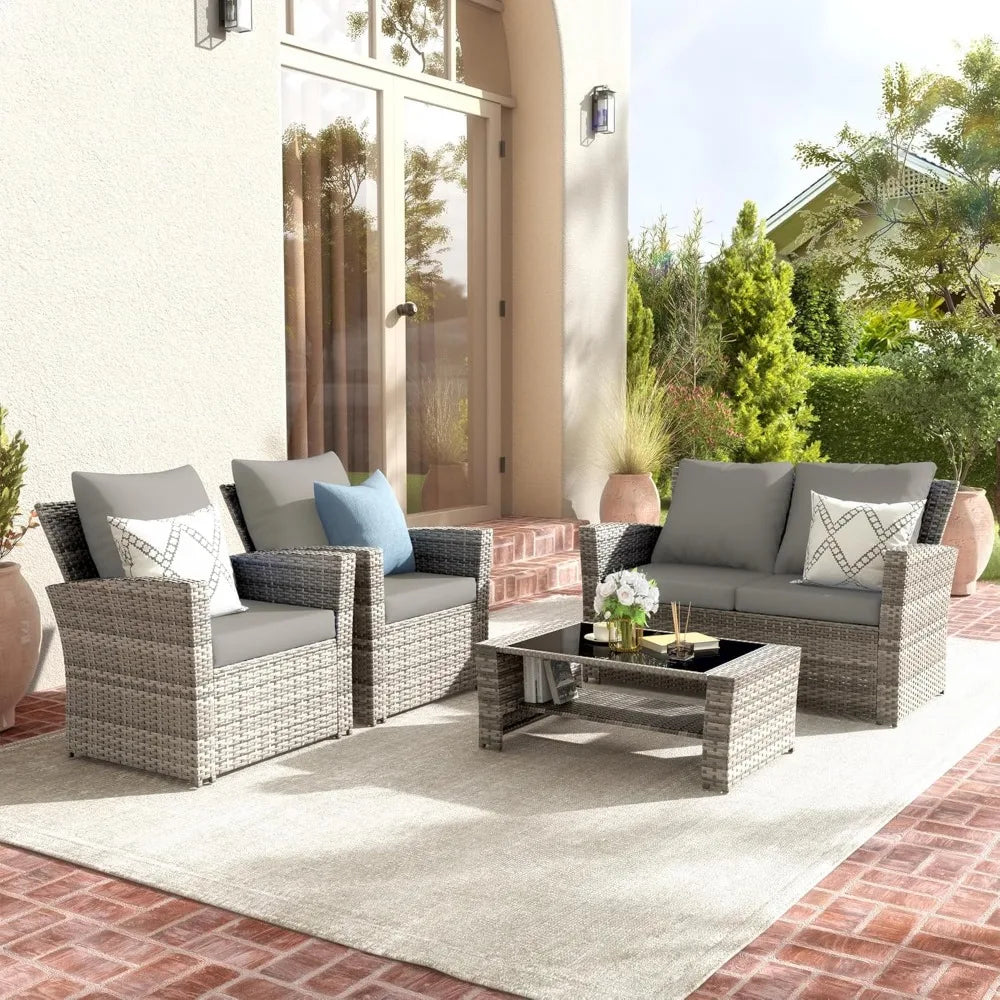 4 Pieces Patio Furniture Set,Wicker Outdoor Sectional Sofa Sets, Grey PE Rattan Patio Conversation Set, Garden Furniture Sets