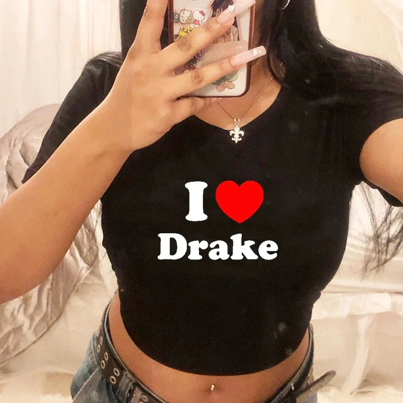 I Love Drake Red Love Heart Women Cropped Top Harajuku Causal Baby Tee Y2k Fashion Clothes Summer Short Sleeved T Shit O Necks