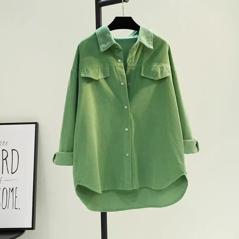 Avocado Green Mid-length Corduroy Shirt Women's 2023 Spring New Loose Everything Thickened Double Pocket Shirt Coat Cardigan X41