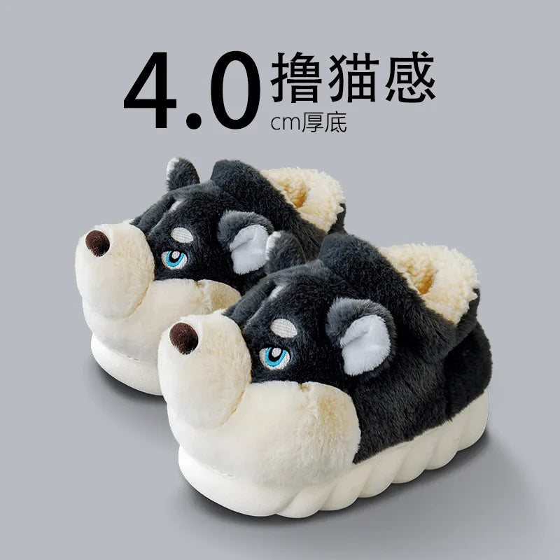 Women Indoor Cotton Slippers Cute Cartoon Dog Winter Warm Shoes Couples Home Floor Slides Anti-slip  Female Male House Footwear