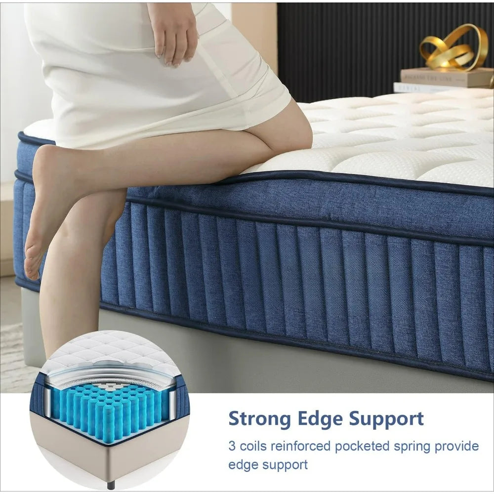 Medium Firm Mattress, Hybrid Mattress in a Box, Motion Isolation Mattress with Gel Memory Foam & Pocket Spring, Edge Support