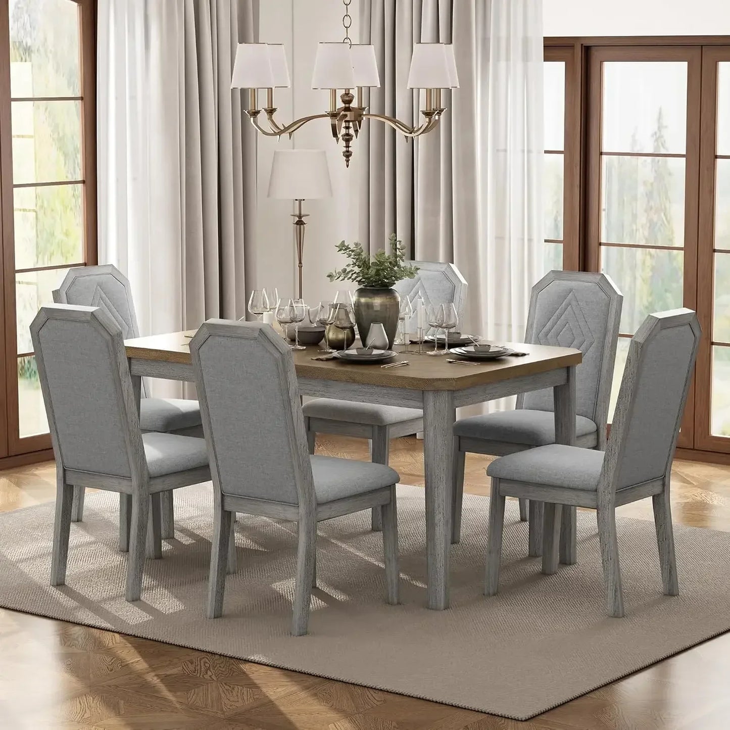 7 Pieces Dining Table Set, Wooden Rustic Table with 6 High-Back Tufted Chairs, Kitchen Dining Room Table Set for 6 People