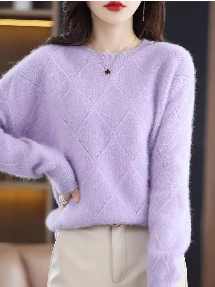 100% Mink cashmere sweater Women's knitting sweater O-neck long sleeve pullover Autumn and winter clothing warm top