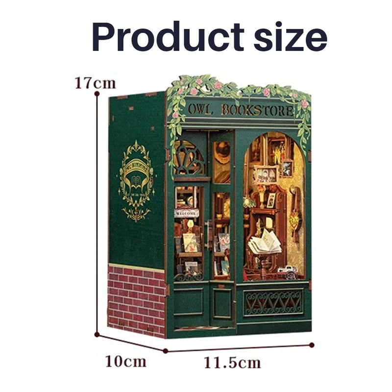 DIY Book Nook Owl Bookstore Kit, 3D Wooden Puzzle Bookend For Bookshelf Decor, With Light Model Kits For Adults