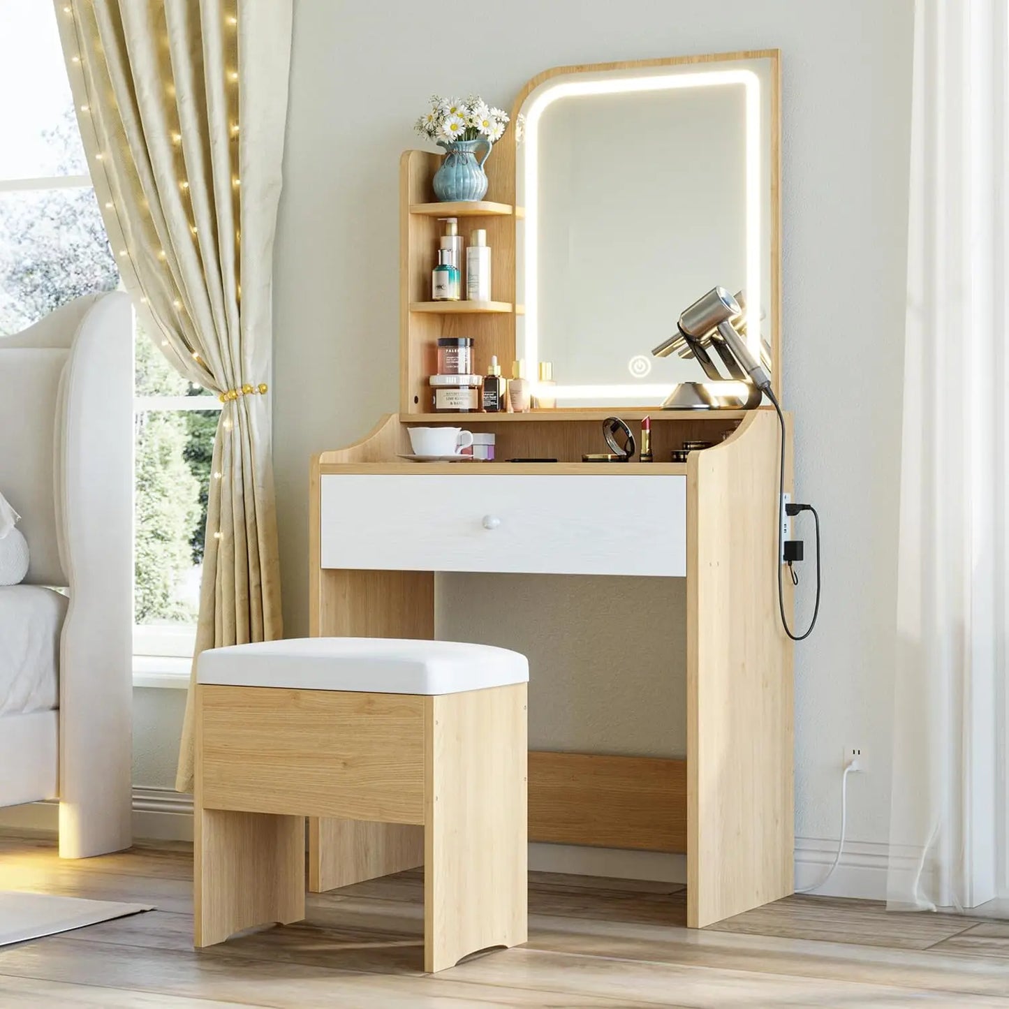 Small Makeup Vanity Desk with Mirror and Lights, Vanity Table Set with Storage Drawer, Chair and Three Shelves, Bedroom,Dressers