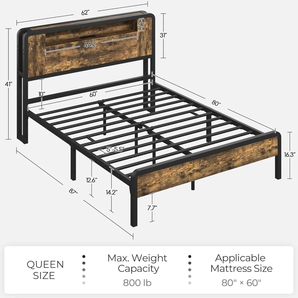 Queen Bed Frame Metal Bed with Wooden Headboard/Footboard, Storage Space and Adjustable LED Light, Mattress Foundation