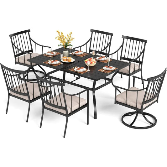 7 Pieces Outdoor Dining Set ,Metal Dining Table,Umbrella Hole& Cushioned Iron Swivel Chairs Furniture Set ,Garden Furniture Sets