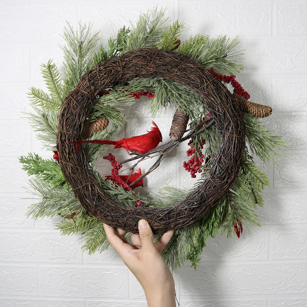 Wreath Rattan Wreath Decorated Pine Cone Cardinal Bird Wreath Christmas Simulation Pine Cone Door Hanging Outdoor Decoration