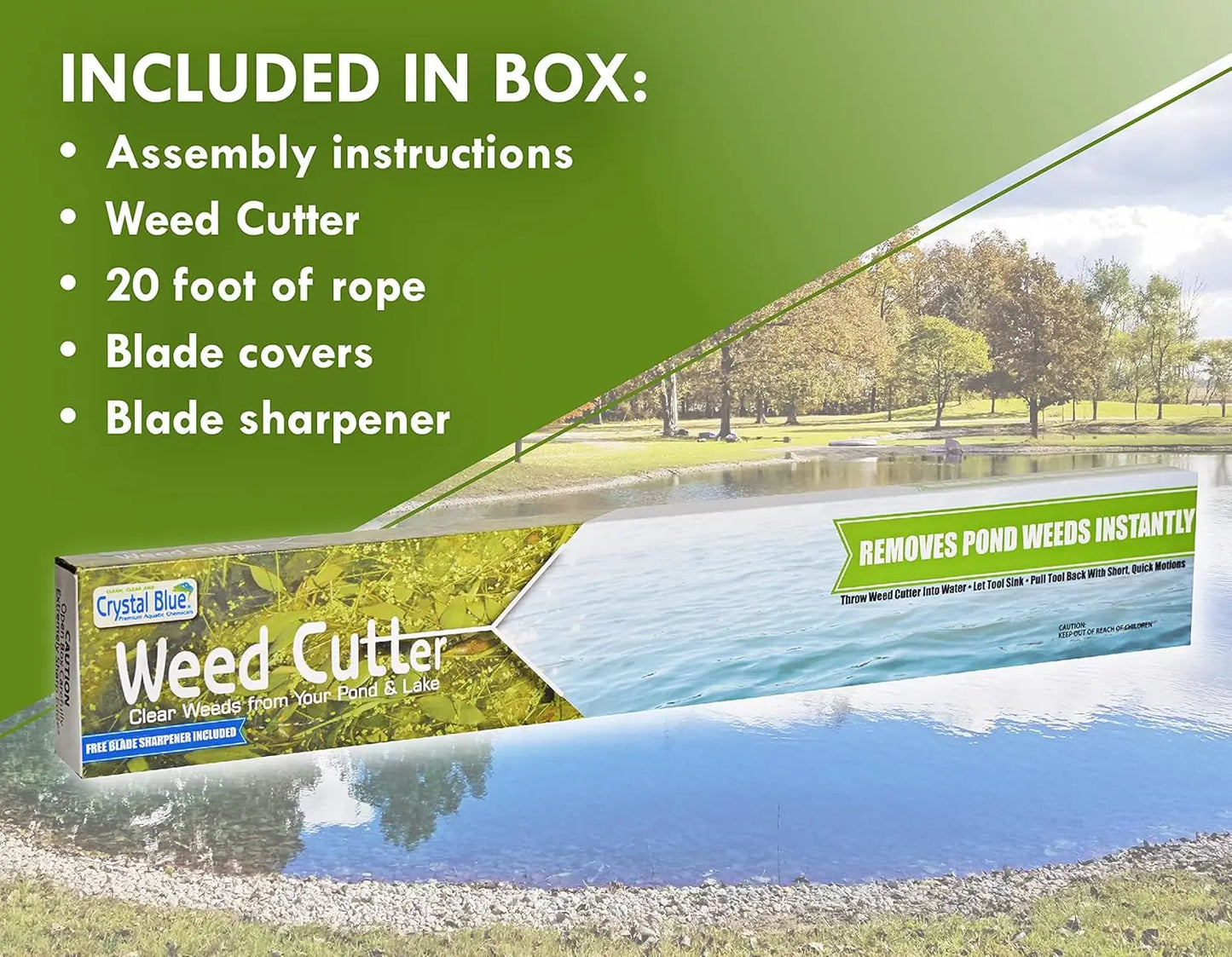 Lake Weed Cutter - 42 inch Wide Cutting Path, Includes 20 Foot Rope, Blade Sharpener & Safety Gloves - Remove Common Pond