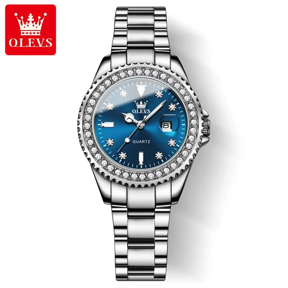 OLEVS Original Diamond Dial Quartz Watch for Women Fashion Elegant Ladies Watches Stainless Steel Waterproof Women's Wristwatch