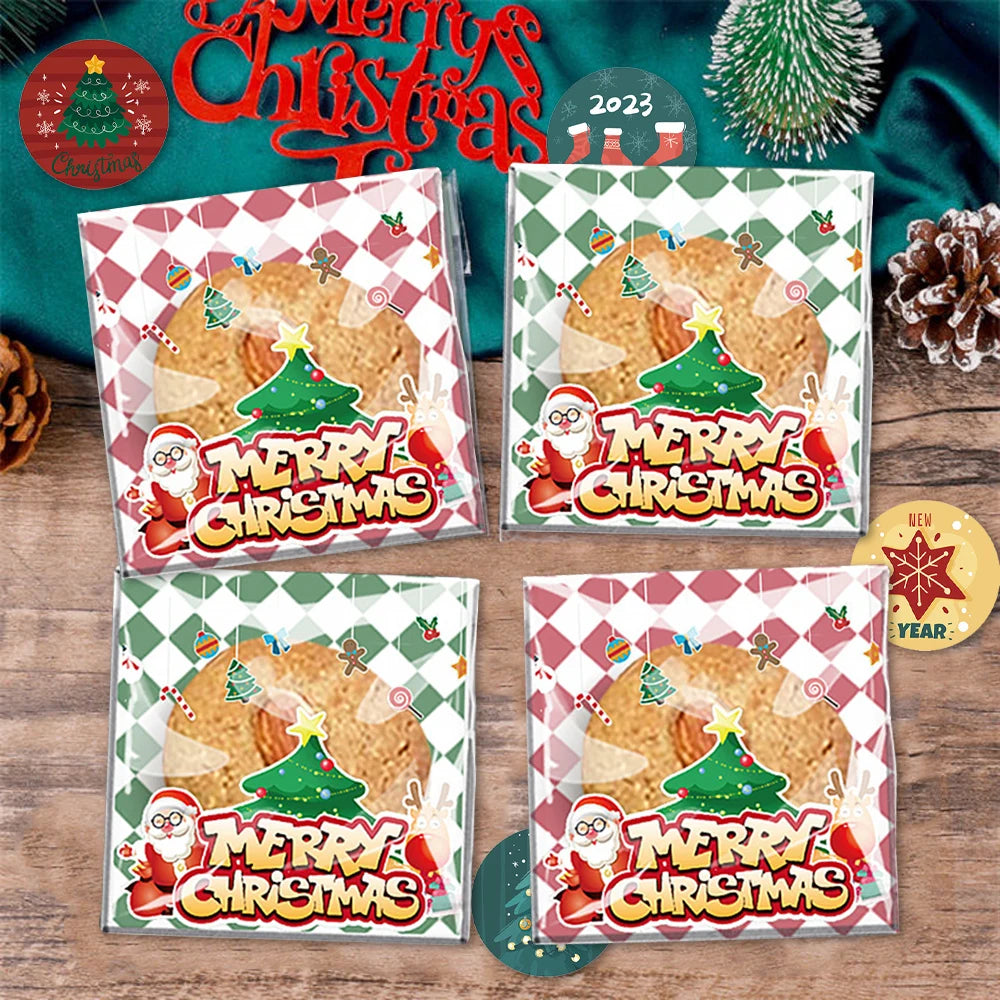 100pcs Christmas Plastic Cellophane Bags Xmas Cookies Packing Bags Christmas Candy Bags Noel Navidad 2024 Party Favors Gift Bag