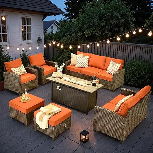 Wicker Patio Furniture Sets ,w/Fire Pit Table, All Weather Outdoor Furniture Conversation Set, 7-Piece Patio Sectional Sofa