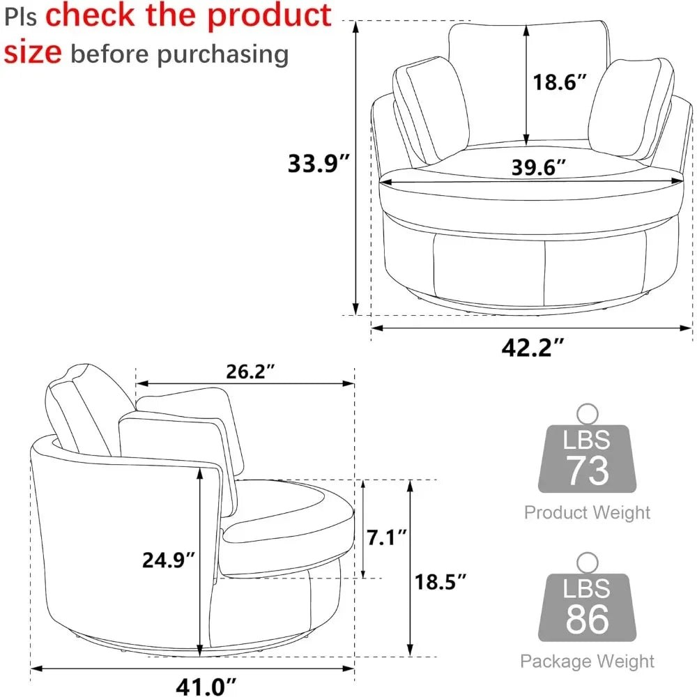 42.2" W Oversized Swivel Accent Chairs, 360 Degree Modern Living Room Swivel Chair, Chenille, Black,Living Room Chairs