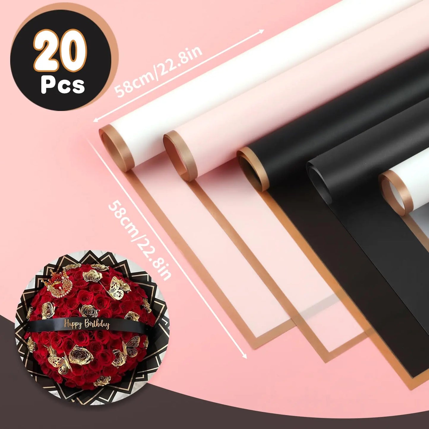 20 Sheets Matte Black Flower Wrapping Paper with Golden Edges, Waterproof Packaging - Perfect for DIY Wedding & Birthday Gifts